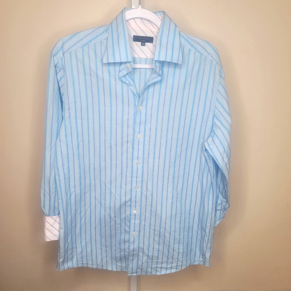 Ted Baker London Blue & Purple Striped Button Up Flip Cuff Size 16 34/35